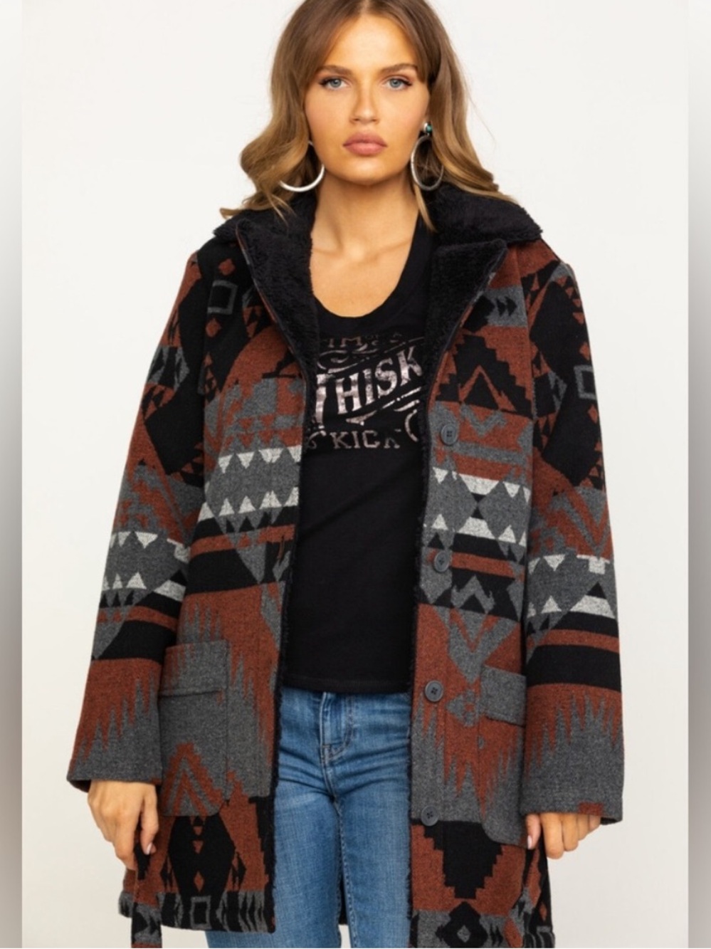 Idyllwind Bootbarn Cozy Sherpa-Lined Aztec Cardigan Jacket - Black & Rust